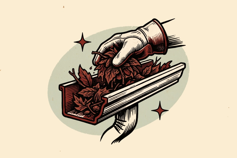 Gloved hands cleaning leaves from a gutter